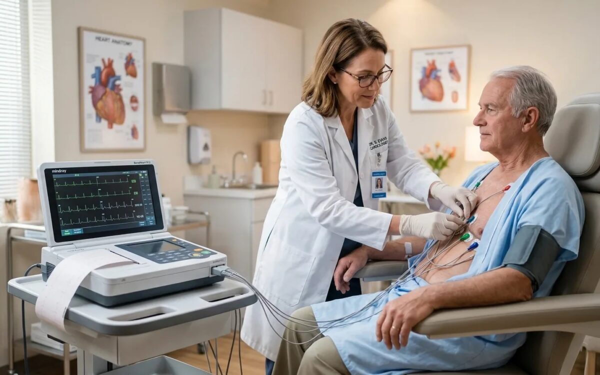 Medic aplică electrozi ECG pacient vârstnic în cabinet