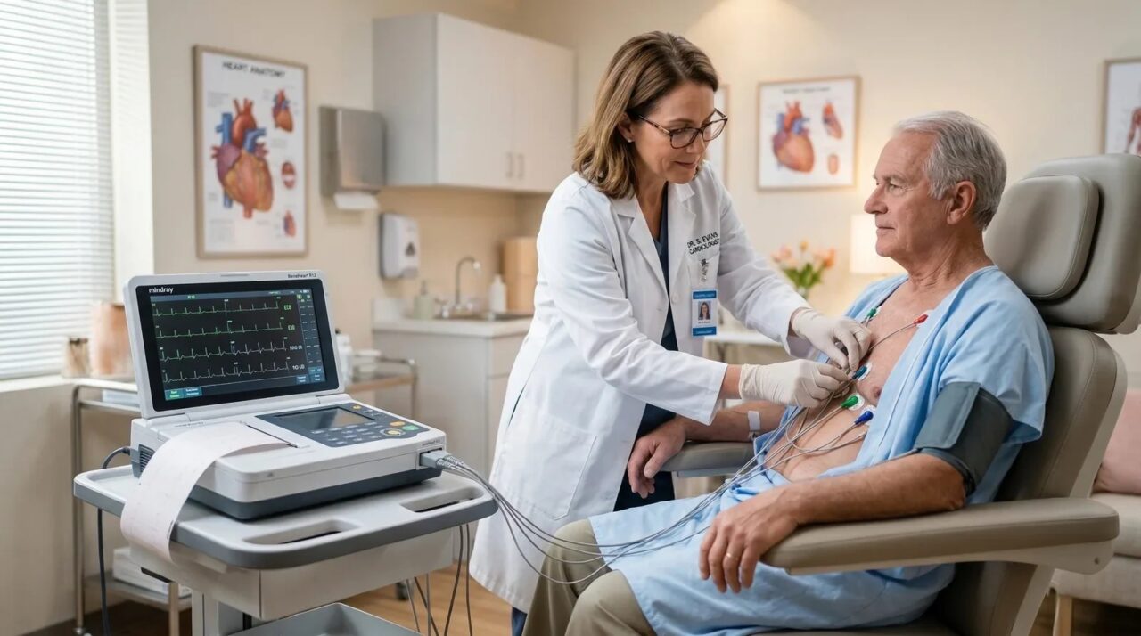 Medic aplică electrozi ECG pacient vârstnic în cabinet