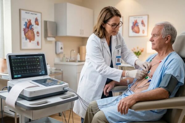 Medic aplică electrozi ECG pacient vârstnic în cabinet