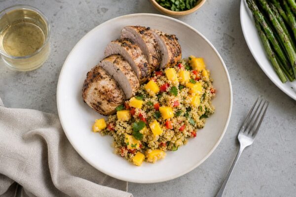 Meniu de prânz cu mușchiuleț de porc, quinoa și salsa de mango